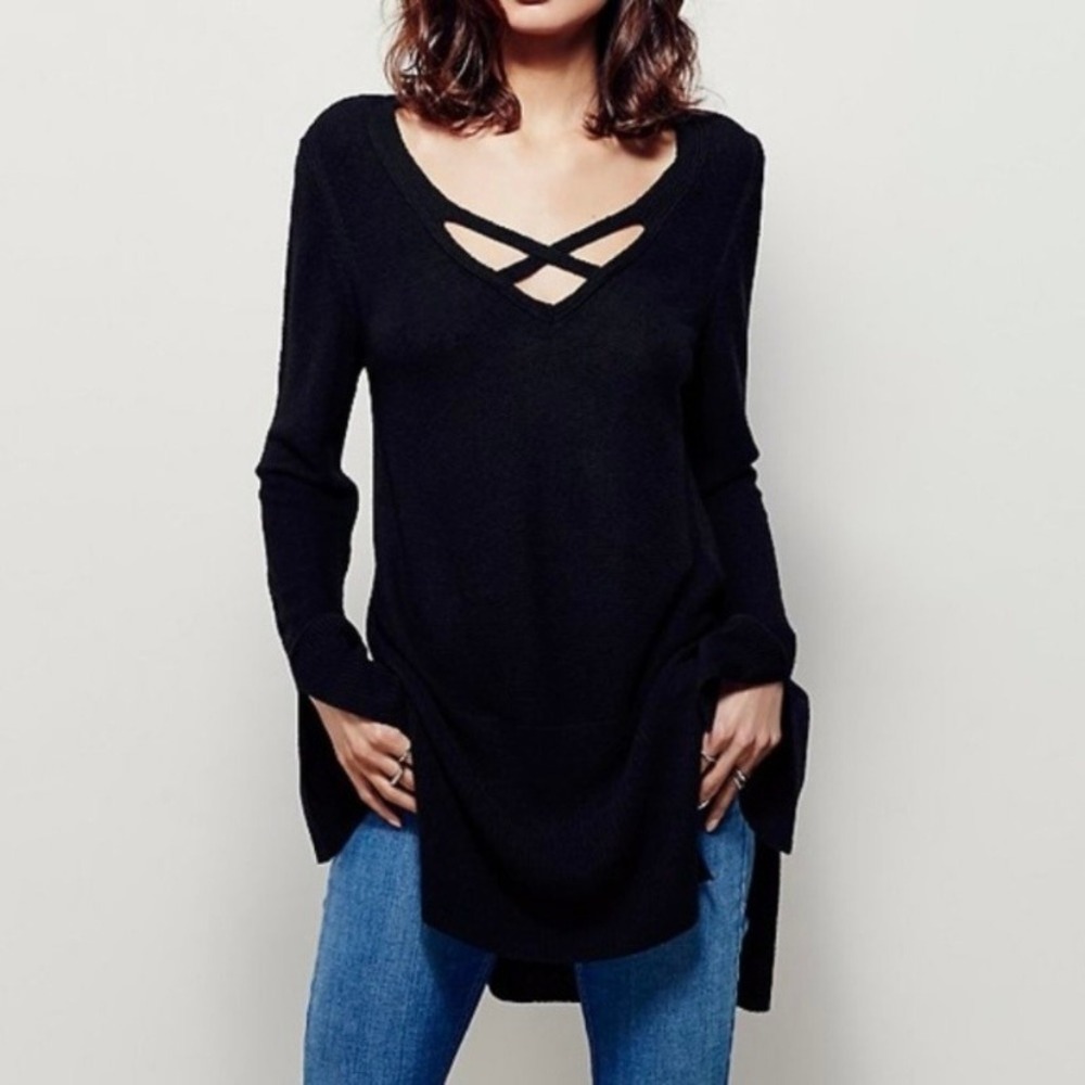 Free People Criss Cross Tunic Knit Sweater Black Womens Medium